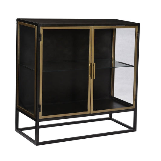 Antique Gunmetal Finish with Brass Accents Iron and Glass Doors Sideboard 36 in Wide