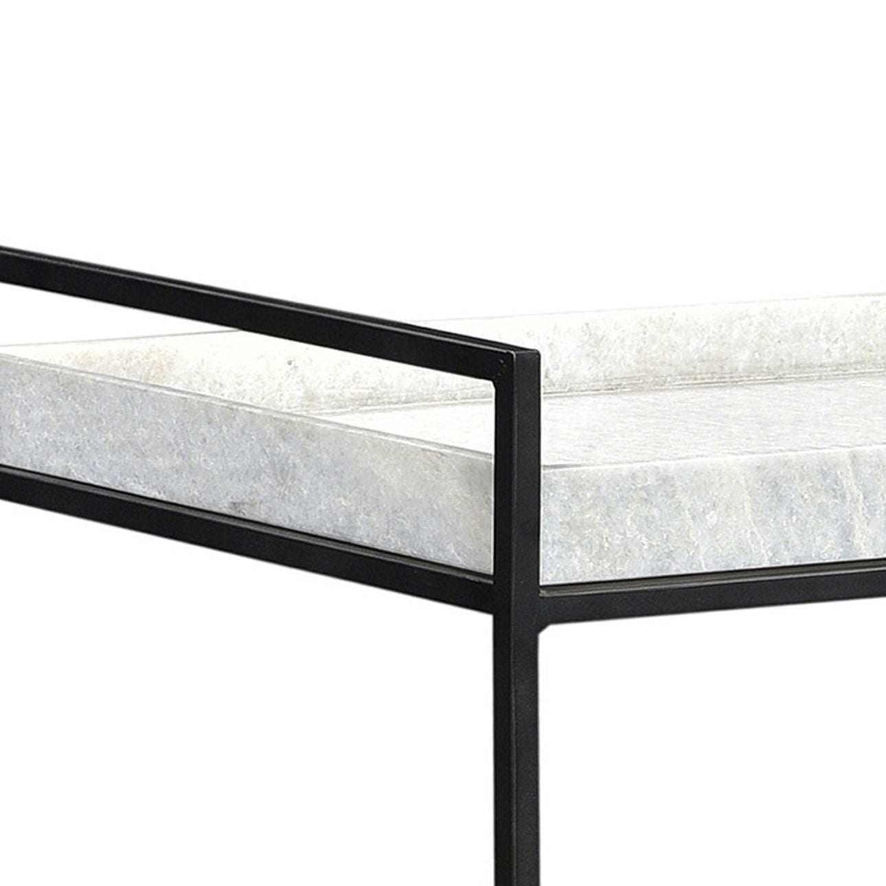 Black Wood Finish, Gunmetal Iron, and White Marble Iron Frame with Mango Wood and Marble Tray Cart 32 in Wide