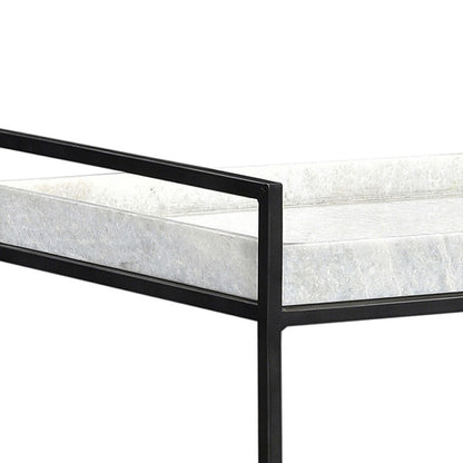 Black Wood Finish, Gunmetal Iron, and White Marble Iron Frame with Mango Wood and Marble Tray Cart 32 in Wide