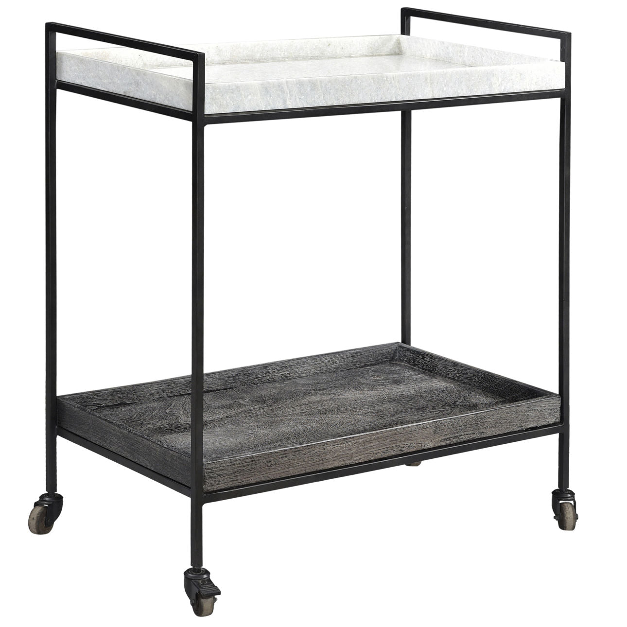Black Wood Finish, Gunmetal Iron, and White Marble Iron Frame with Mango Wood and Marble Tray Cart 32 in Wide