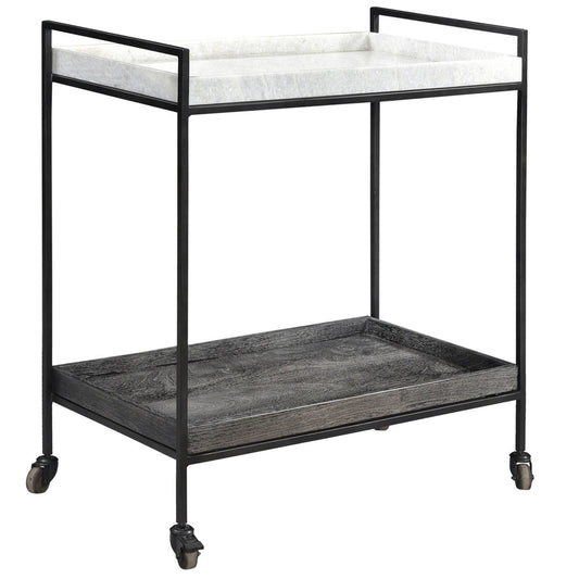 Black Wood Finish, Gunmetal Iron, and White Marble Iron Frame with Mango Wood and Marble Tray Cart 32 in Wide