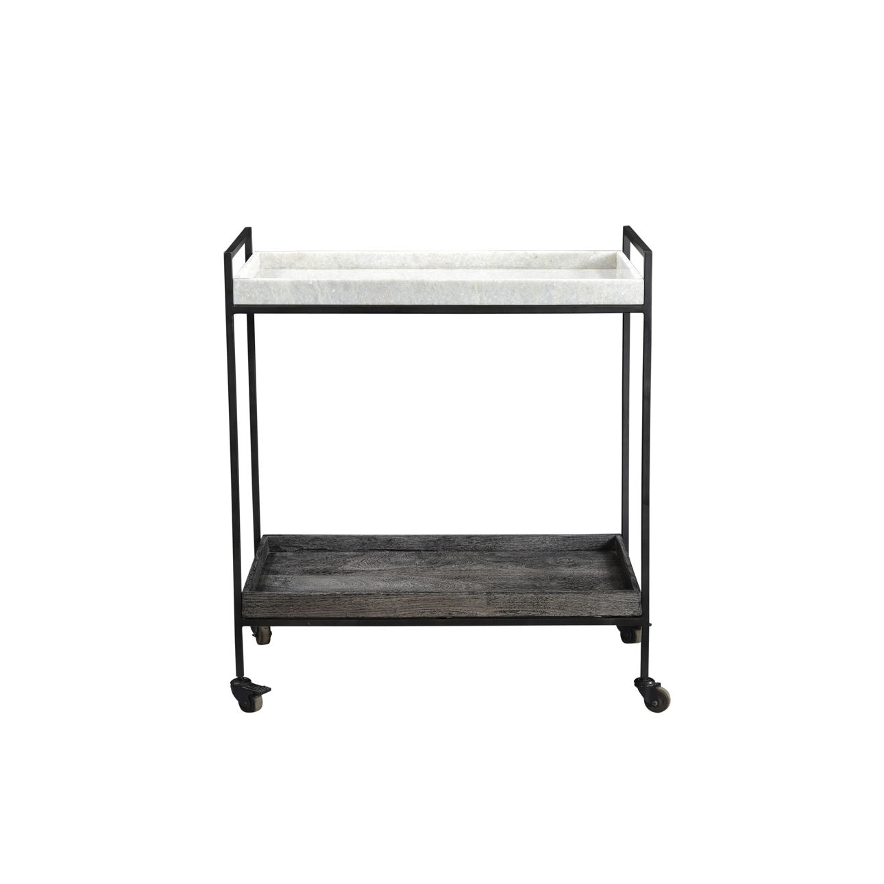 Black Wood Finish, Gunmetal Iron, and White Marble Iron Frame with Mango Wood and Marble Tray Cart 32 in Wide