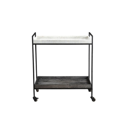 Black Wood Finish, Gunmetal Iron, and White Marble Iron Frame with Mango Wood and Marble Tray Cart 32 in Wide