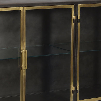 Gunmetal with Antique Brass Finish Iron and Glass Sideboard 72 in Wide