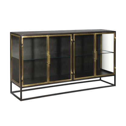Gunmetal with Antique Brass Finish Iron and Glass Sideboard 72 in Wide