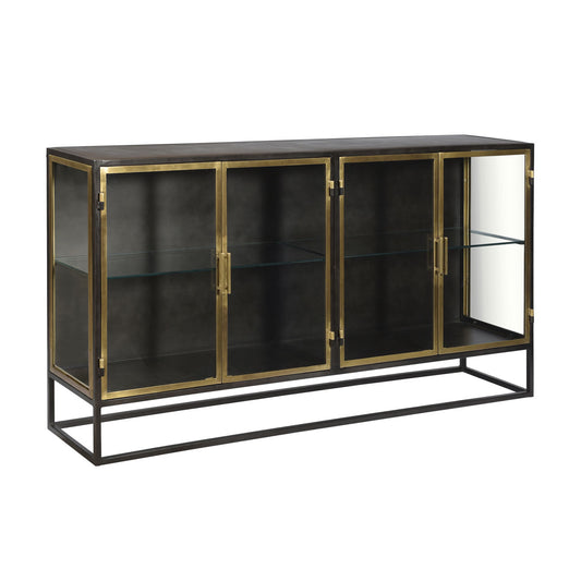 Gunmetal with Antique Brass Finish Iron and Glass Sideboard 72 in Wide