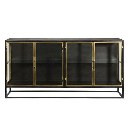 Gunmetal with Antique Brass Finish Iron and Glass Sideboard 72 in Wide
