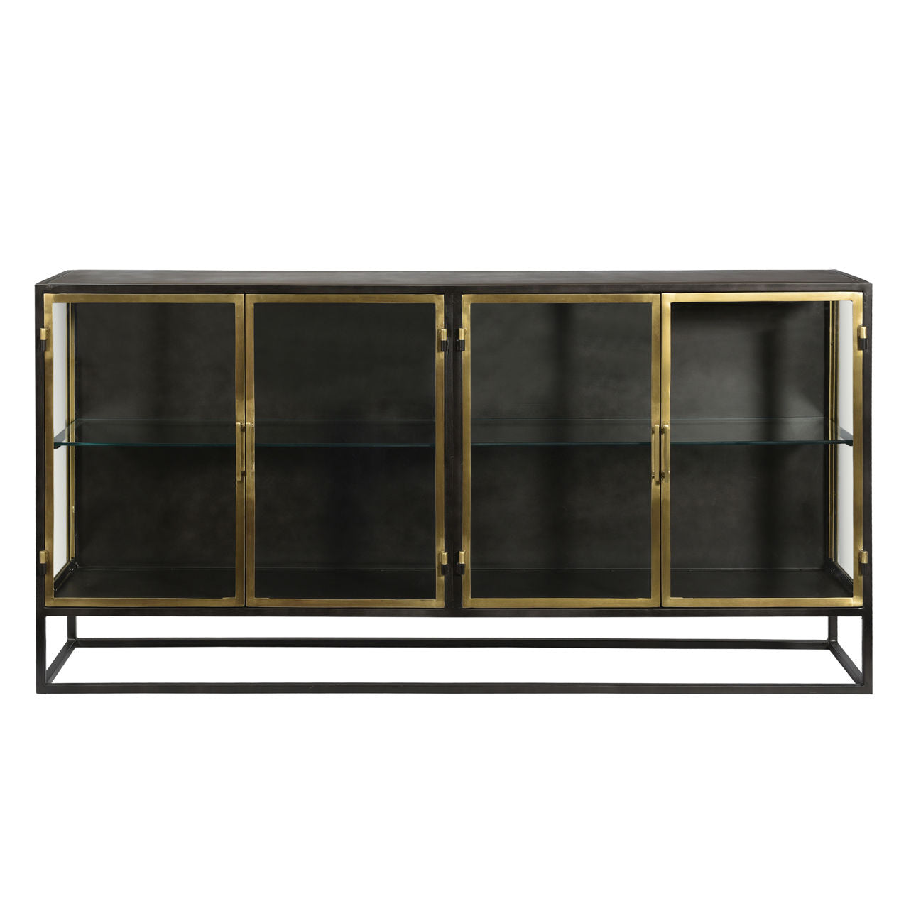 Gunmetal with Antique Brass Finish Iron and Glass Sideboard 72 in Wide