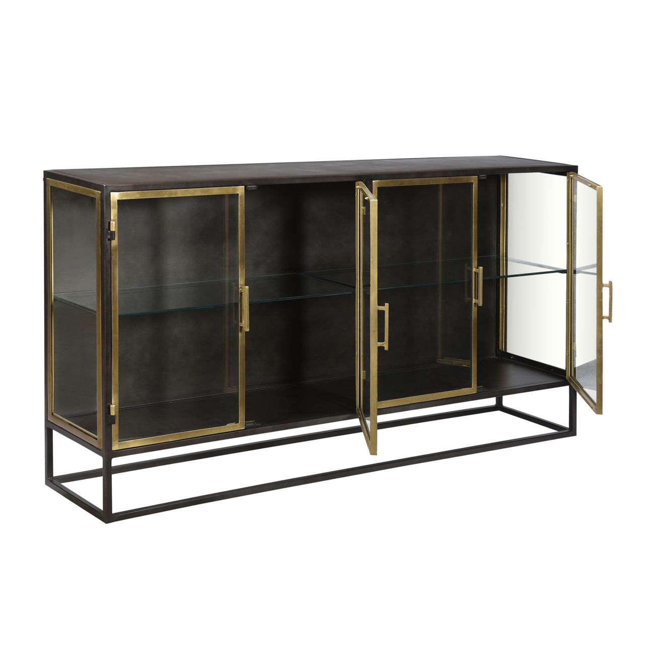Gunmetal with Antique Brass Finish Iron and Glass Sideboard 72 in Wide