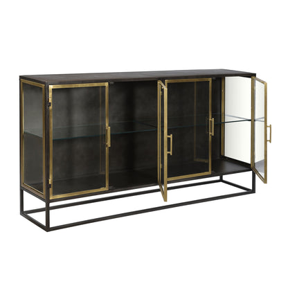 Gunmetal with Antique Brass Finish Iron and Glass Sideboard 72 in Wide