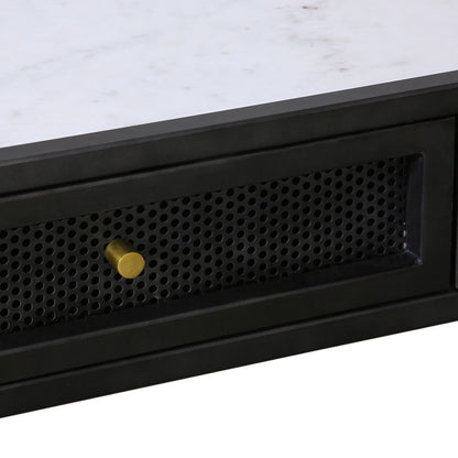 White Marble, Antique Black Finish with Brass Hardware Marble Top, Iron Frame and Iron Mesh Drawer Fronts Desk 48 in Wide