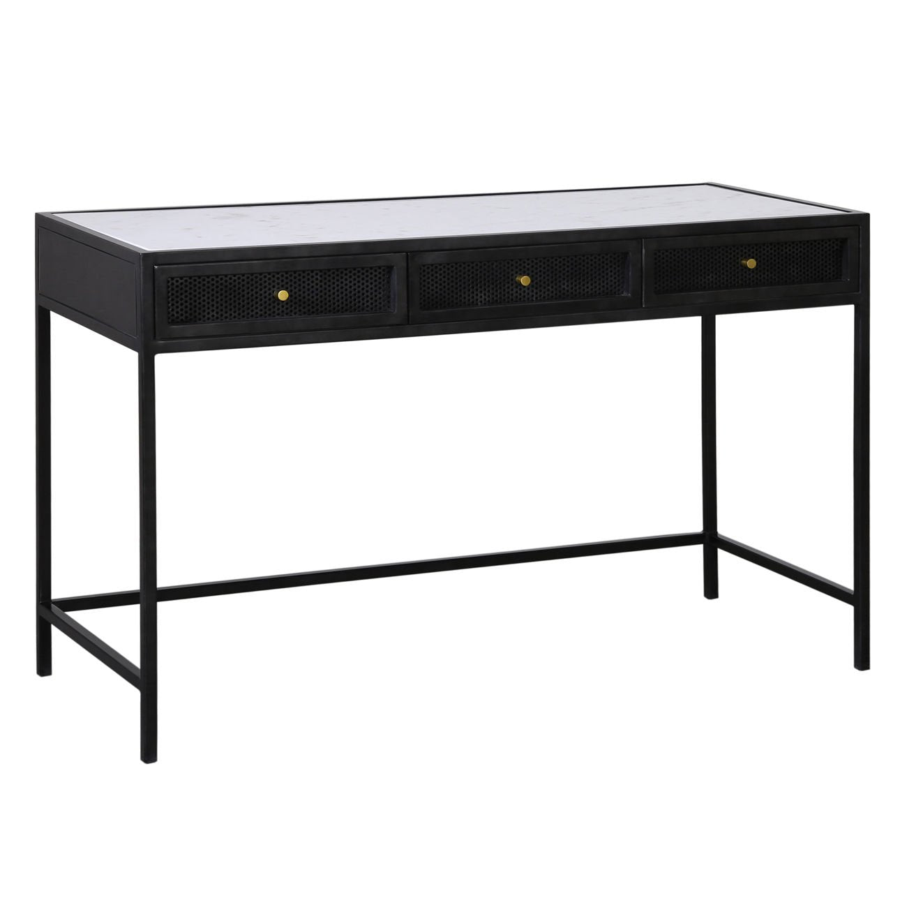 White Marble, Antique Black Finish with Brass Hardware Marble Top, Iron Frame and Iron Mesh Drawer Fronts Desk 48 in Wide