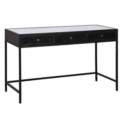 White Marble, Antique Black Finish with Brass Hardware Marble Top, Iron Frame and Iron Mesh Drawer Fronts Desk 48 in Wide