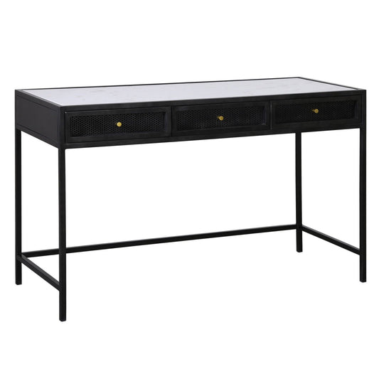 White Marble, Antique Black Finish with Brass Hardware Marble Top, Iron Frame and Iron Mesh Drawer Fronts Desk 48 in Wide