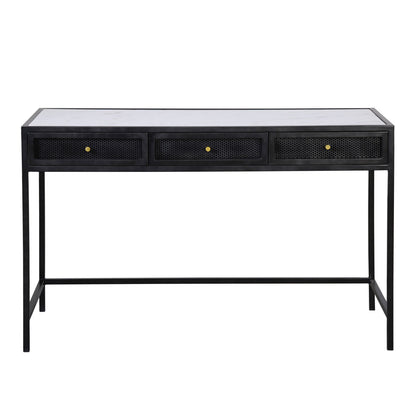 White Marble, Antique Black Finish with Brass Hardware Marble Top, Iron Frame and Iron Mesh Drawer Fronts Desk 48 in Wide