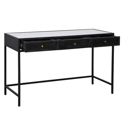 White Marble, Antique Black Finish with Brass Hardware Marble Top, Iron Frame and Iron Mesh Drawer Fronts Desk 48 in Wide