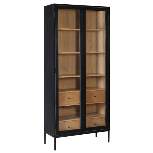 Matte Black and Natural Finish Oak Veneer and Iron Legs Cabinet 36 in Wide