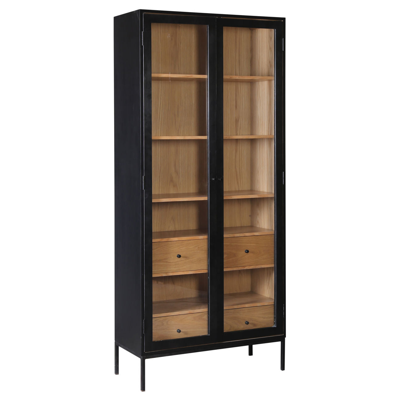 Matte Black and Natural Finish Oak Veneer and Iron Legs Cabinet 36 in Wide