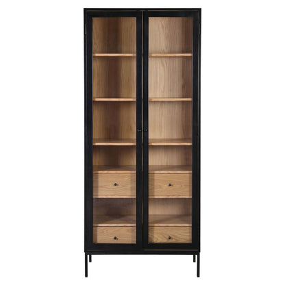 Matte Black and Natural Finish Oak Veneer and Iron Legs Cabinet 36 in Wide