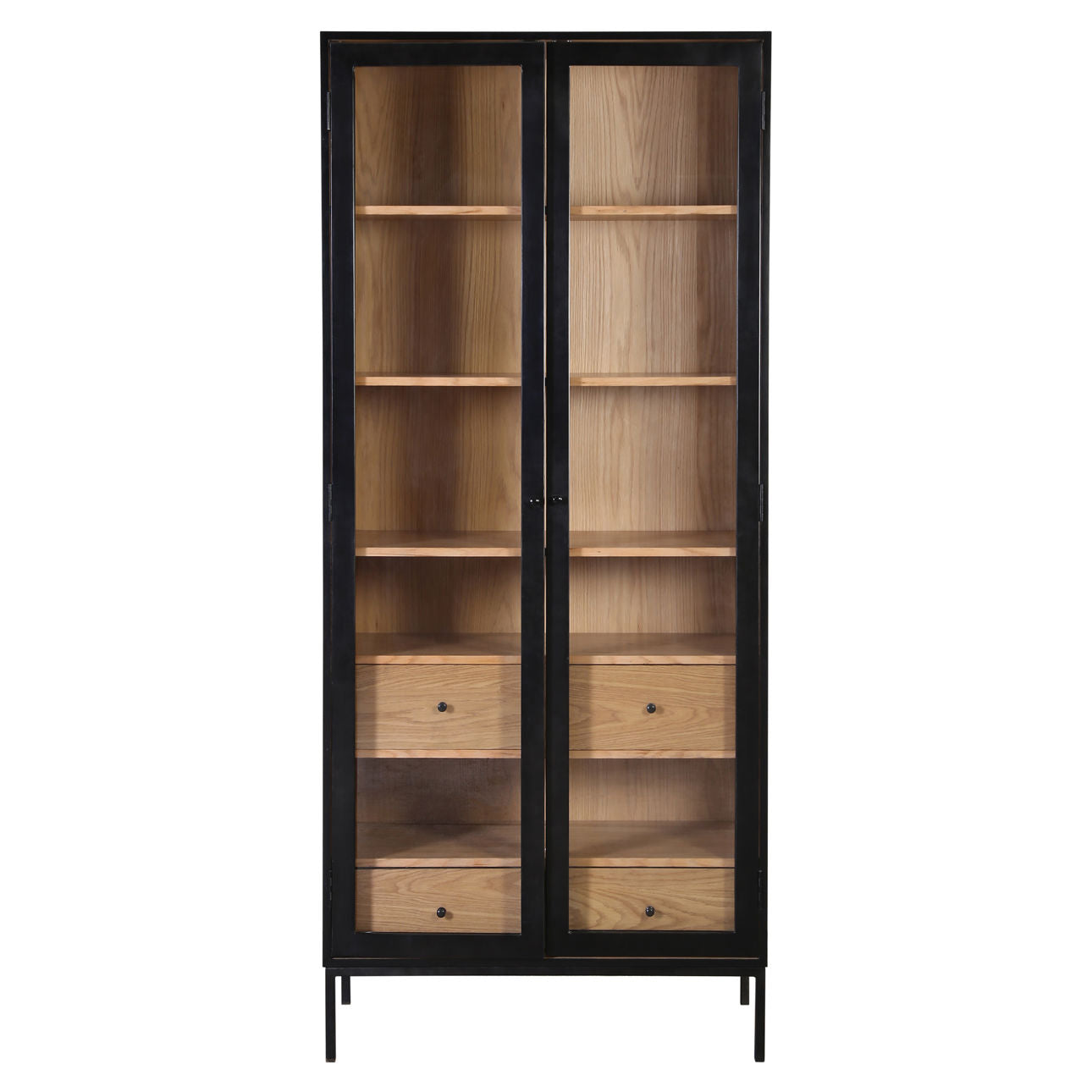 Matte Black and Natural Finish Oak Veneer and Iron Legs Cabinet 36 in Wide