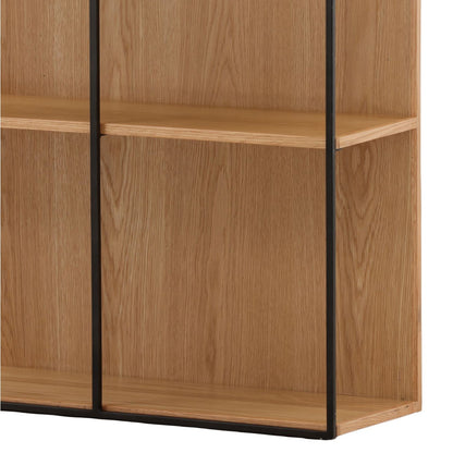 Natural Wood Finish with Matte Black Metal Oak Veneer and Iron Bookcase 32 in Wide
