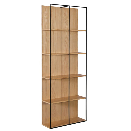 Natural Wood Finish with Matte Black Metal Oak Veneer and Iron Bookcase 32 in Wide