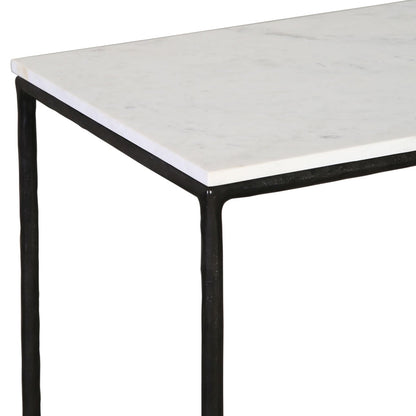White Marble and Black Iron Finish Marble Top with Forged Iron Base Table 59 in Wide