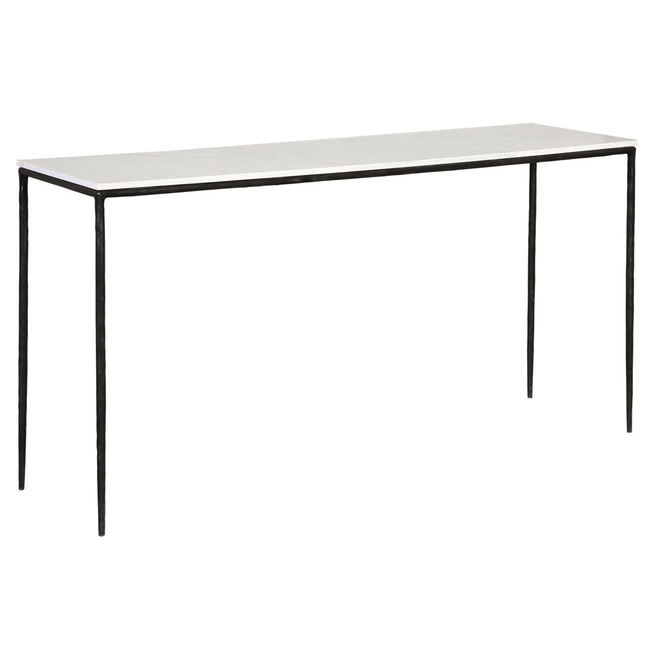White Marble and Black Iron Finish Marble Top with Forged Iron Base Table 59 in Wide