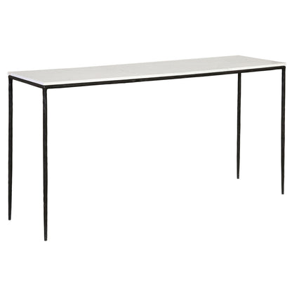 White Marble and Black Iron Finish Marble Top with Forged Iron Base Table 59 in Wide