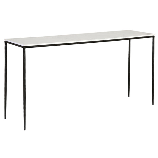 White Marble and Black Iron Finish Marble Top with Forged Iron Base Table 59 in Wide
