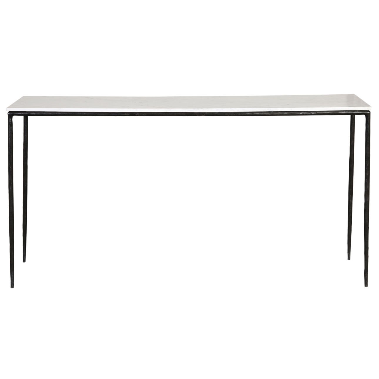 White Marble and Black Iron Finish Marble Top with Forged Iron Base Table 59 in Wide
