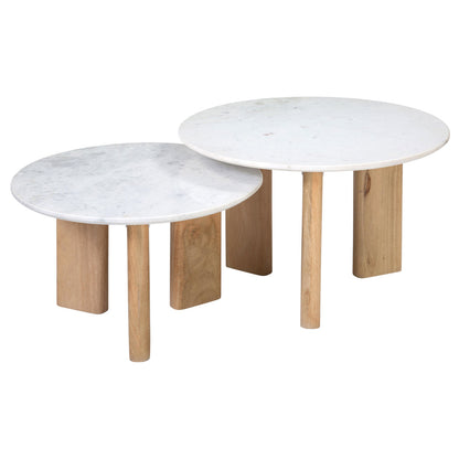 White Marble and Natural Wood Finish Banswara Marble and Mango Wood Table 30 in Wide