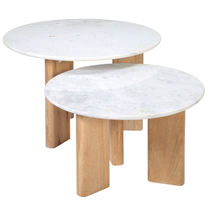 White Marble and Natural Wood Finish Banswara Marble and Mango Wood Table 30 in Wide