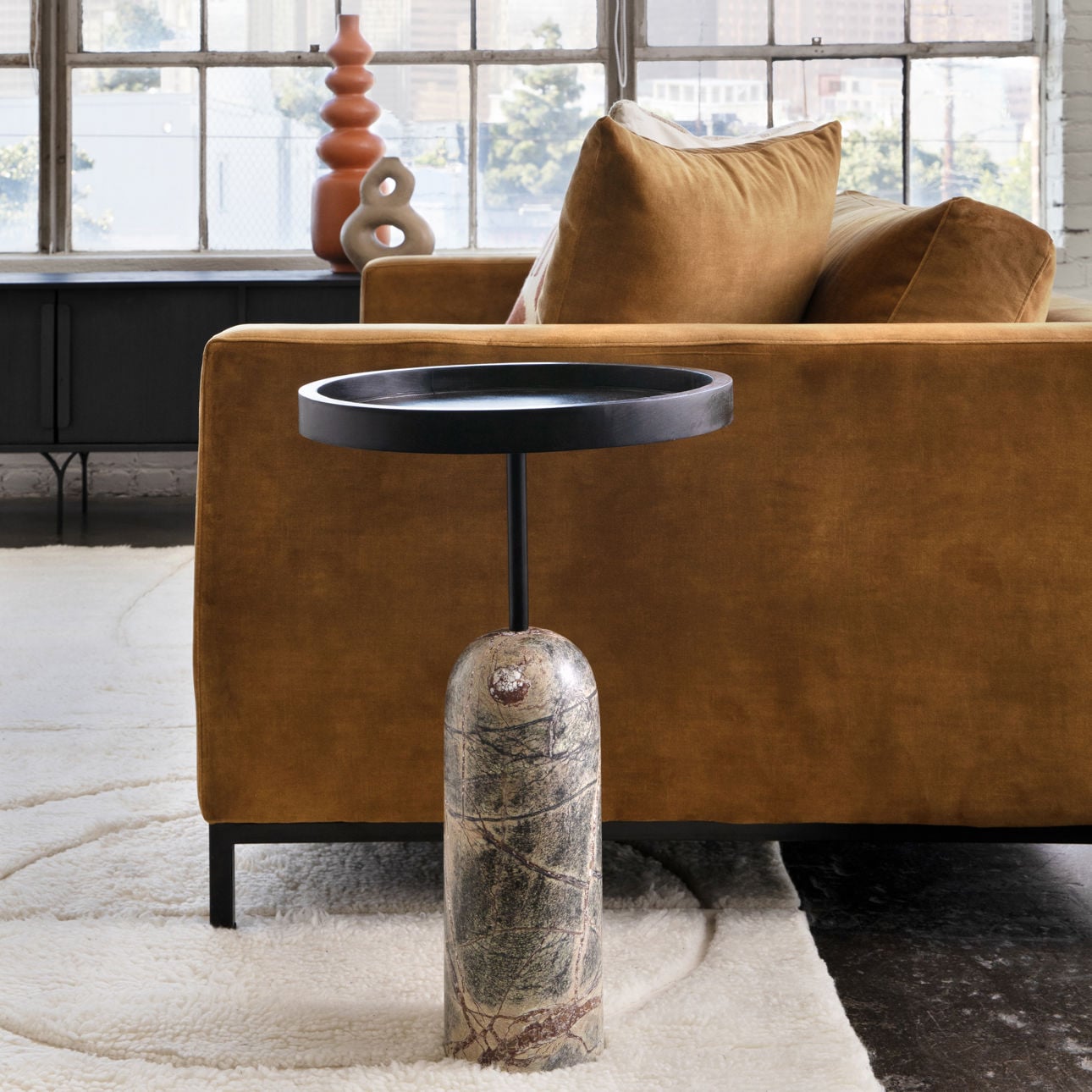 Black and Green Marble Base Mango Wood and Bidasar Marble Table 16 in Wide