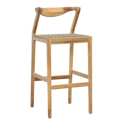 Natural and Taupe Teak Wood and Synthetic Rope Barstool 17.5 in Wide
