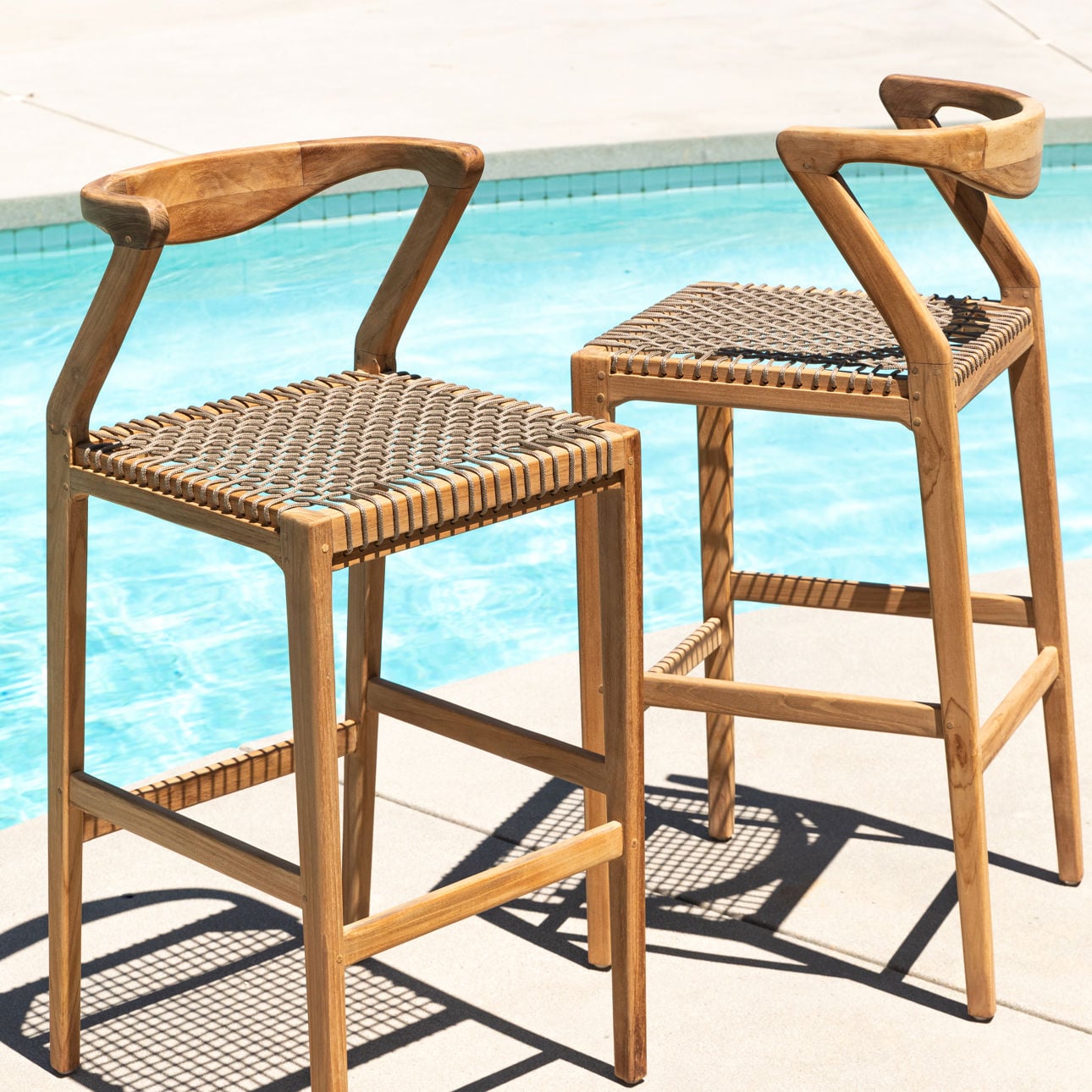 Natural and Taupe Teak Wood and Synthetic Rope Barstool 17.5 in Wide