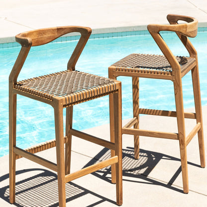Natural and Taupe Teak Wood and Synthetic Rope Barstool 17.5 in Wide