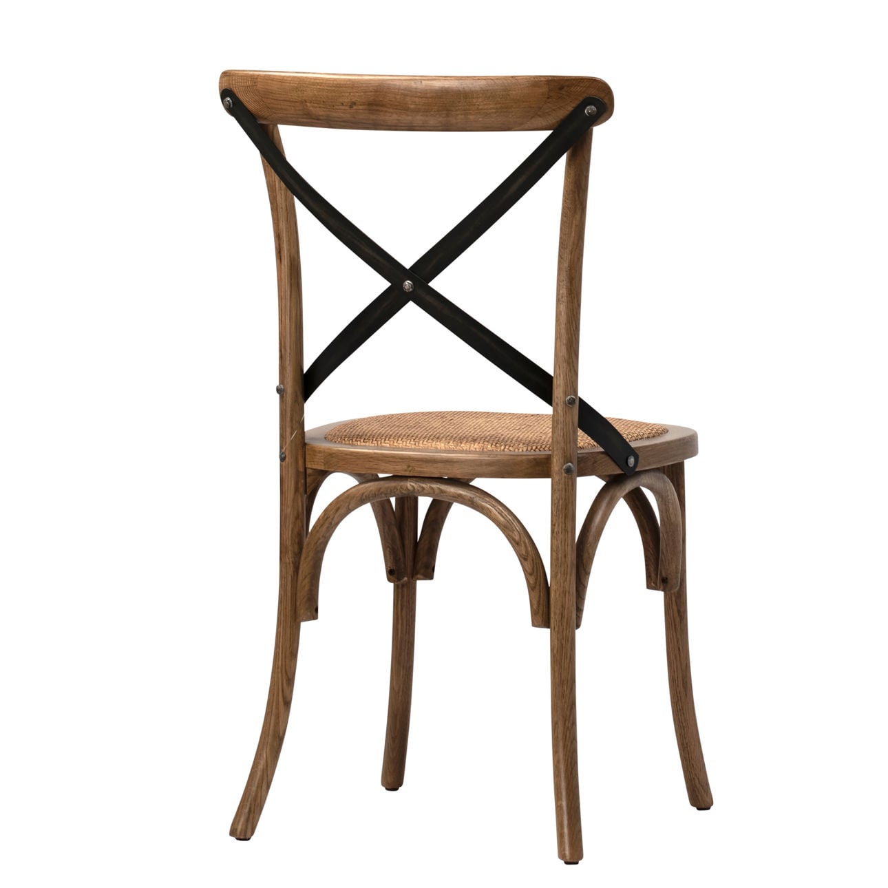 Medium Brown Sealed Finish Solid Oak Wood Frame, Iron Cross Back and Rattan Cushion Seat Chair 20 in Wide