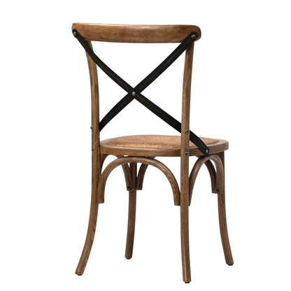 Medium Brown Sealed Finish Solid Oak Wood Frame, Iron Cross Back and Rattan Cushion Seat Chair 20 in Wide