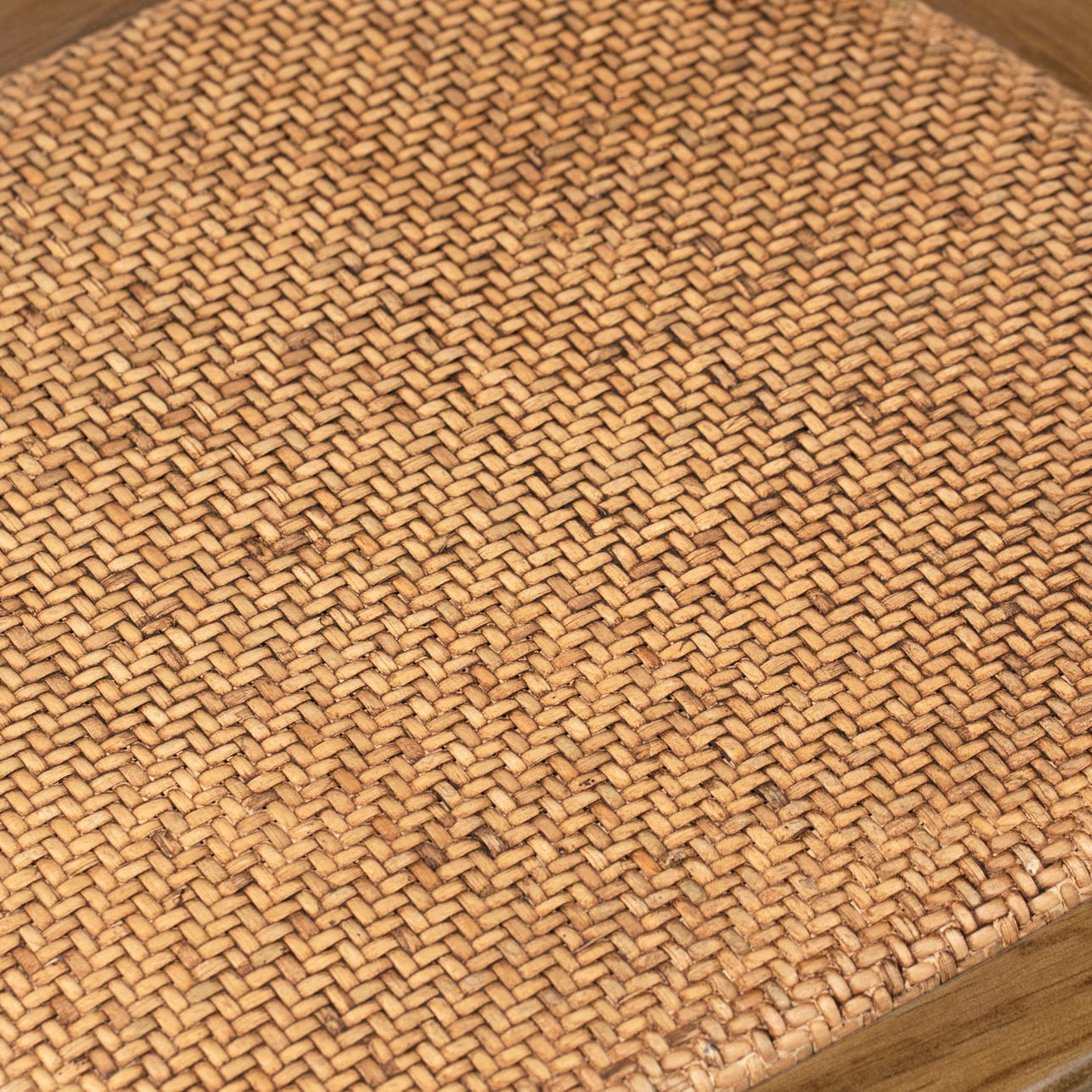 Medium Brown Sealed Finish Solid Oak Wood Frame, Iron Cross Back and Rattan Cushion Seat Chair 20 in Wide