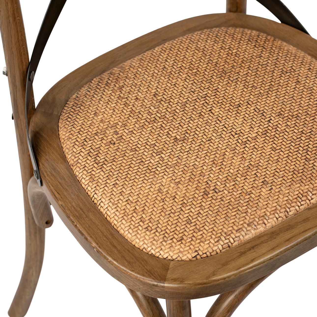 Medium Brown Sealed Finish Solid Oak Wood Frame, Iron Cross Back and Rattan Cushion Seat Chair 20 in Wide