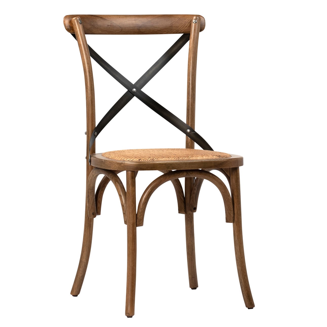 Medium Brown Sealed Finish Solid Oak Wood Frame, Iron Cross Back and Rattan Cushion Seat Chair 20 in Wide