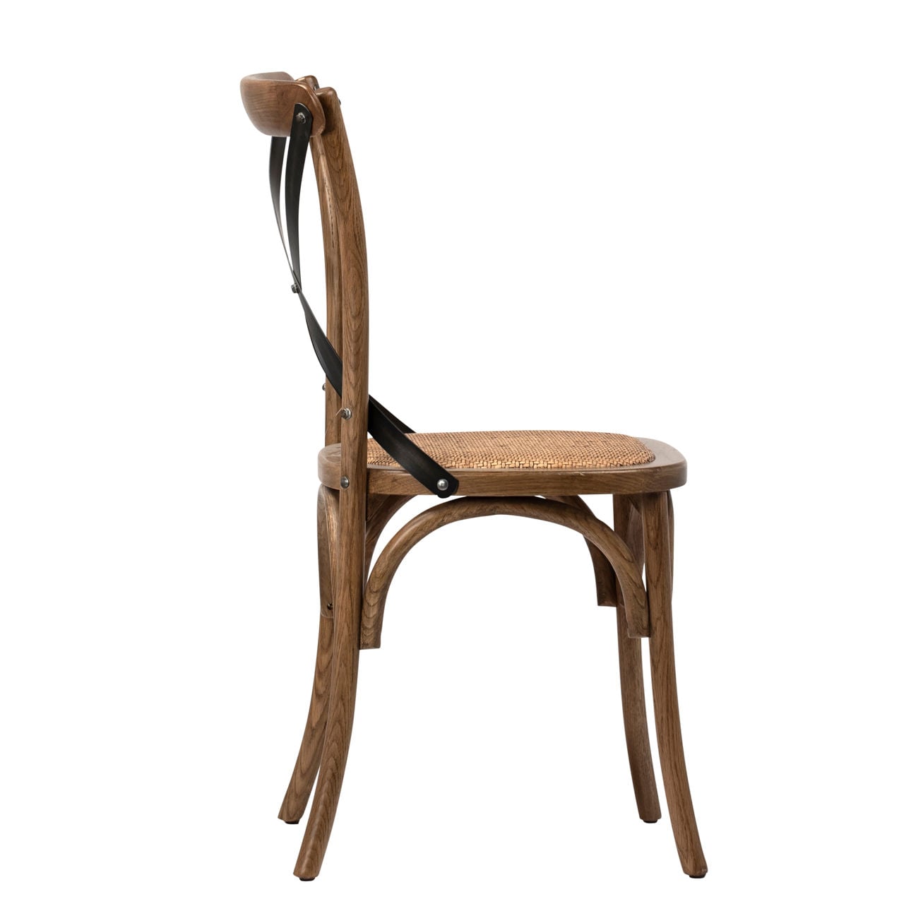 Medium Brown Sealed Finish Solid Oak Wood Frame, Iron Cross Back and Rattan Cushion Seat Chair 20 in Wide