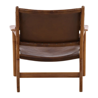 Brown and Natural Wood Leather and Teak Wood Chair 31 in Wide