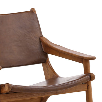 Brown and Natural Wood Leather and Teak Wood Chair 31 in Wide