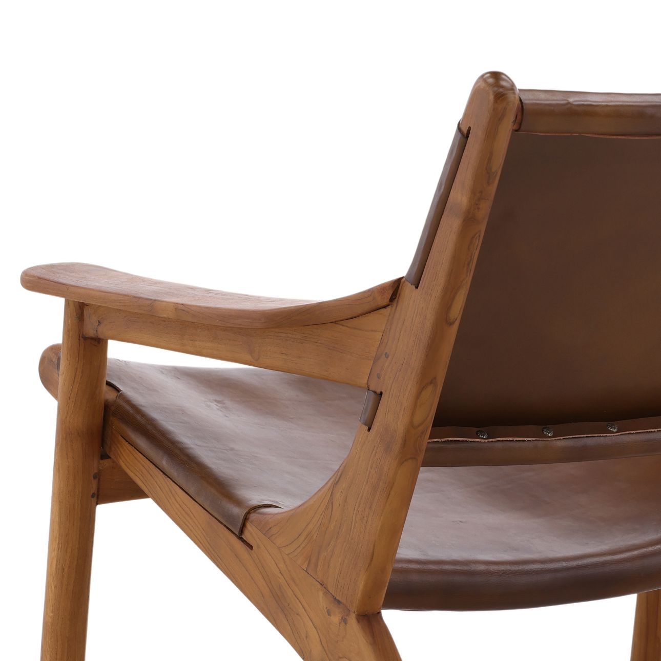 Brown and Natural Wood Leather and Teak Wood Chair 31 in Wide