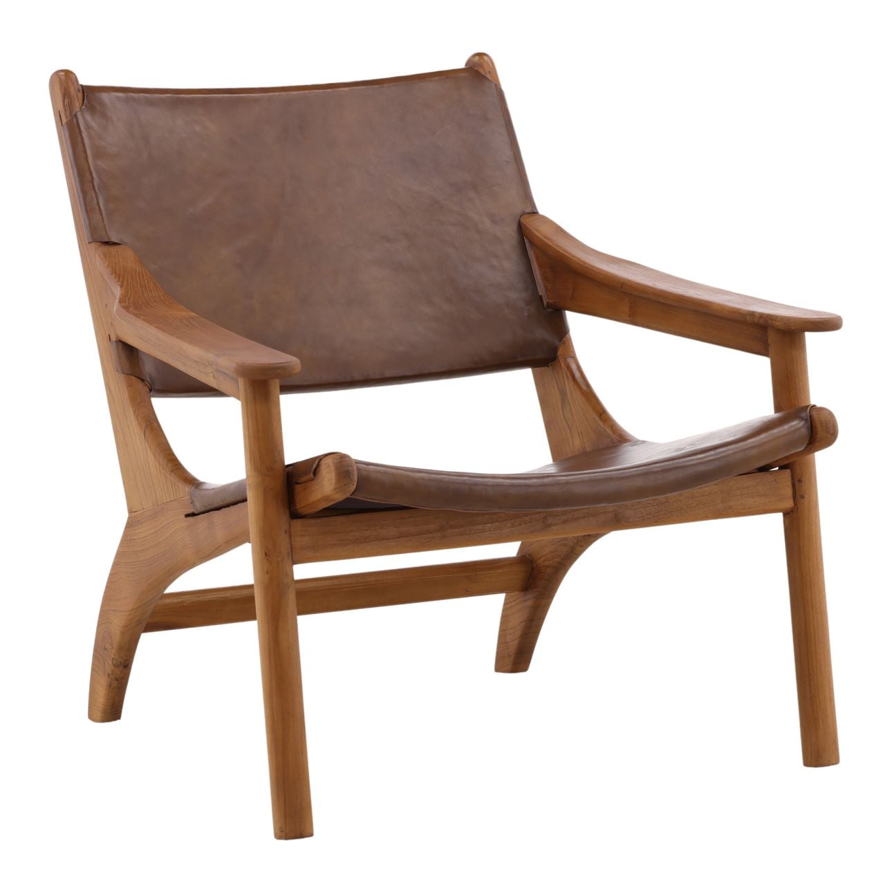 Brown and Natural Wood Leather and Teak Wood Chair 31 in Wide