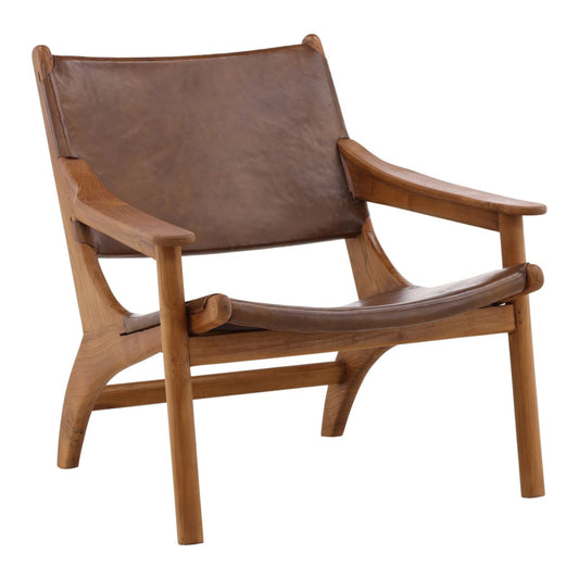 Brown and Natural Wood Leather and Teak Wood Chair 31 in Wide