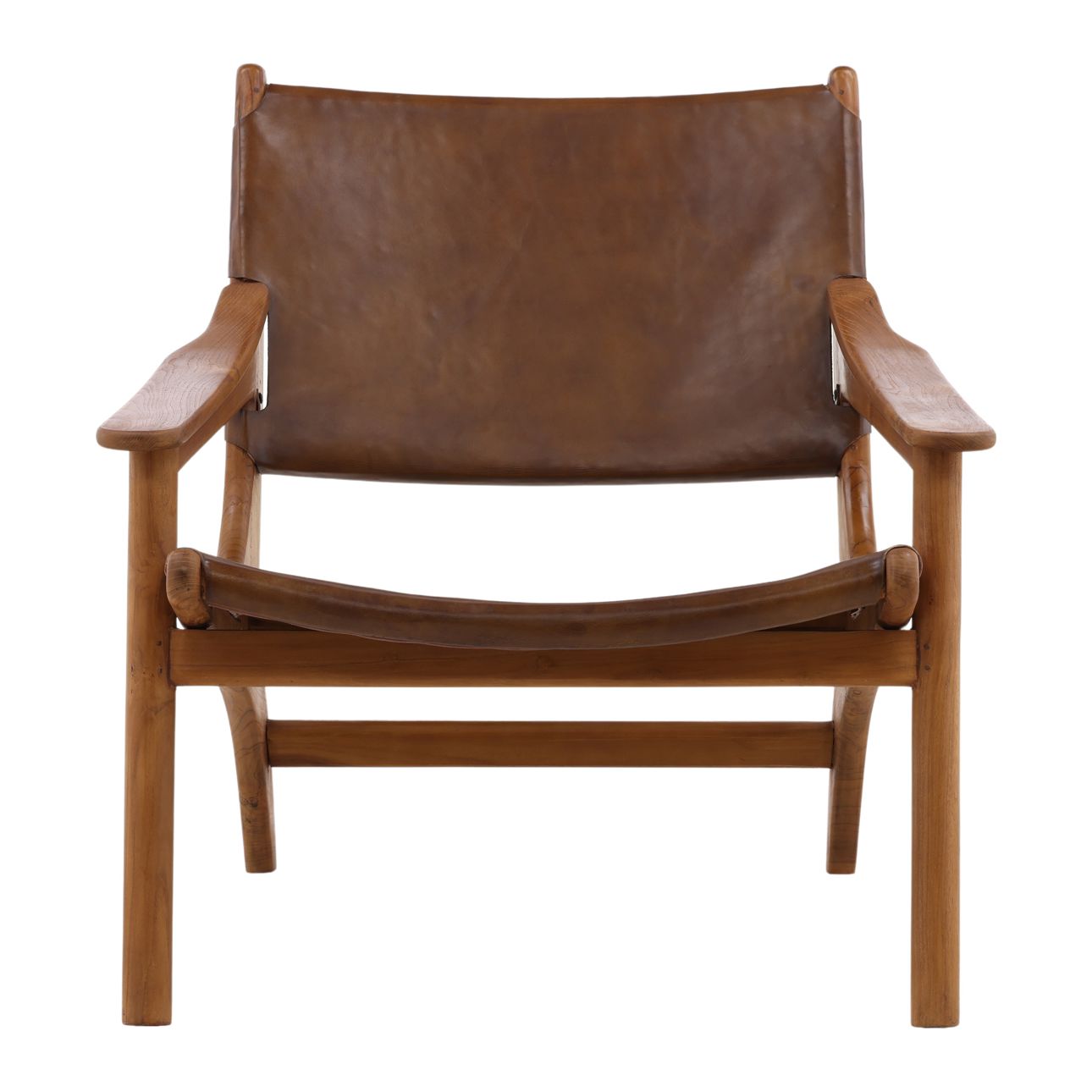 Brown and Natural Wood Leather and Teak Wood Chair 31 in Wide