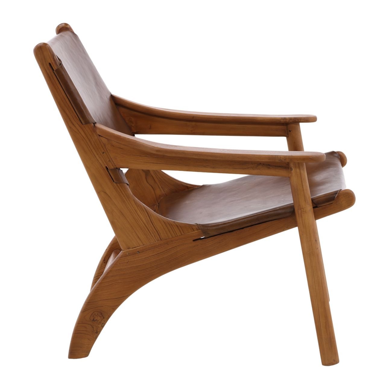 Brown and Natural Wood Leather and Teak Wood Chair 31 in Wide
